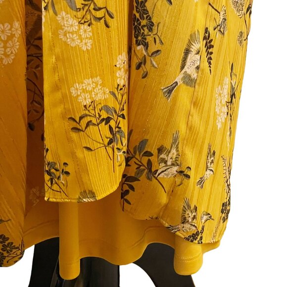 Maggy London Faux Wrap Midi Dress — Yellow Gold Bird Floral Print — Size 14 - Picture 5 of 9